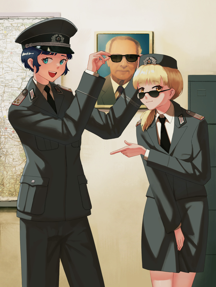 1boy, 1girl, absurdres, black_necktie, blonde_hair, blue_hair, cabinet, collared_shirt