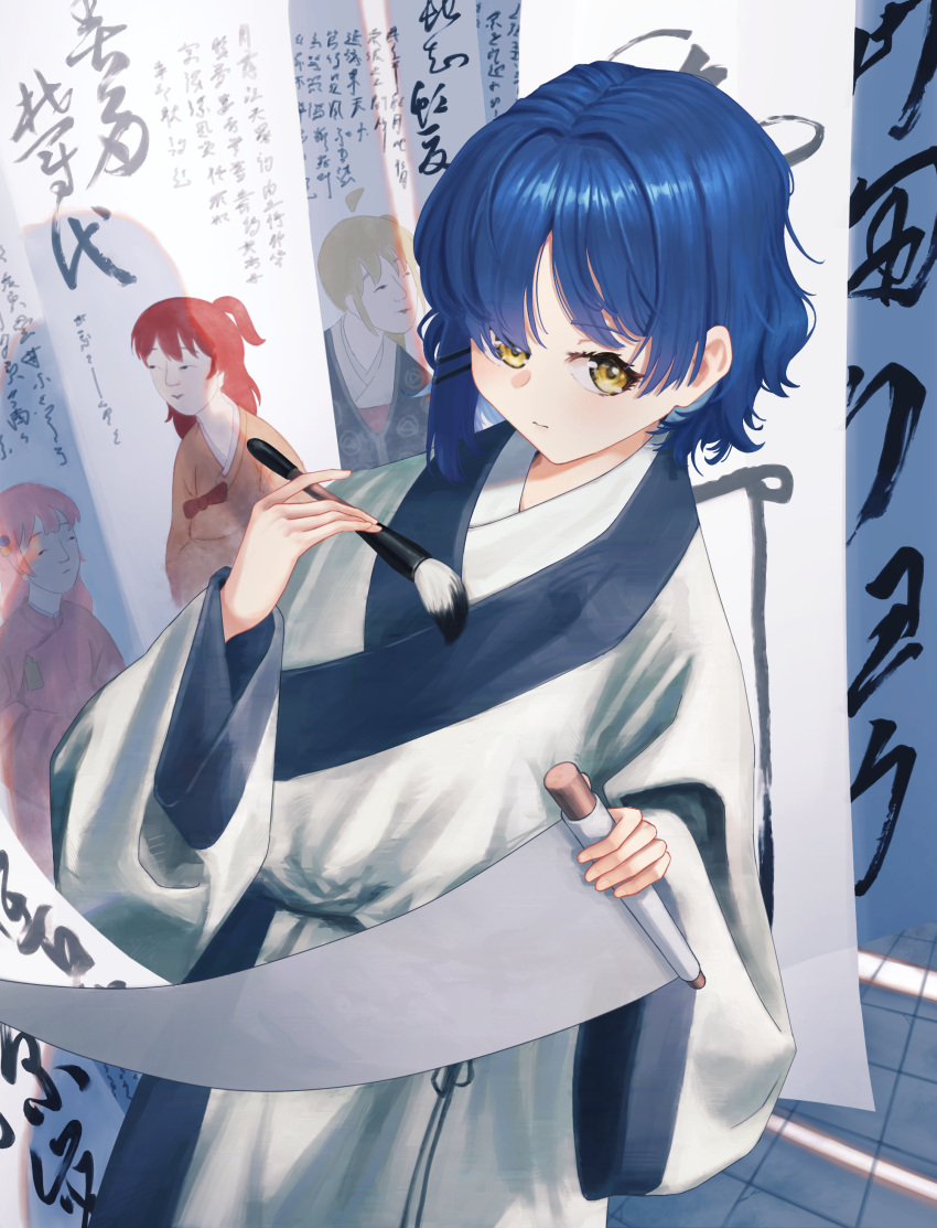 1girl, absurdres, blue_hair, bocchi_the_rock!, calligraphy_brush, chinese_clothes, from_above, gotoh_hitori
