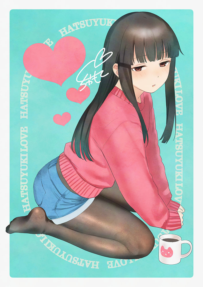 1girl, black_hair, black_pantyhose, blush, character_name, commentary_request, cup, denim, denim_shorts, feet, half-closed_eyes, hatsuyuki_(kancolle), heart, hime_cut, kantai_collection, legs, long_hair, long_sleeves, looking_at_viewer, mug, no_shoes, pantyhose, parted_lips, red_sweater, sakiecho, short_shorts, shorts, signature, sitting, sleeves_past_wrists, soles, solo, sweater