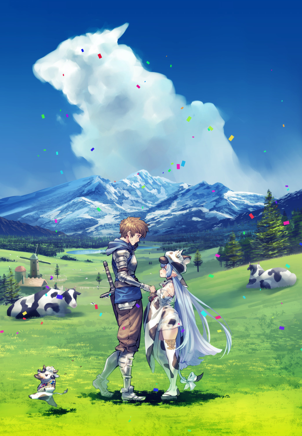 1boy, 1girl, blue_hair, blue_sky, brown_hair, catura_(granblue_fantasy), clouds, confetti