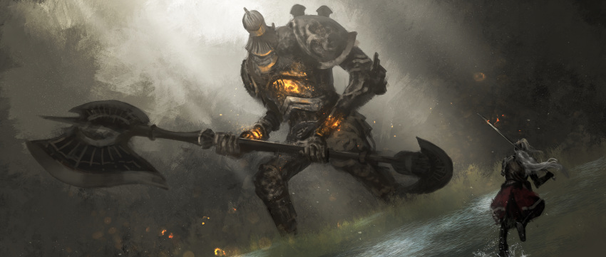 2others, absurdres, armor, asaki_(asaki_vision), axe, battle_axe, bloody_wolf_(elden_ring), commentary_request