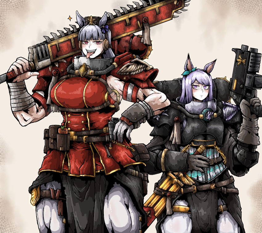 2girls, absurdres, adepta_sororitas, animal_ears, armor, belt, biceps, bolter