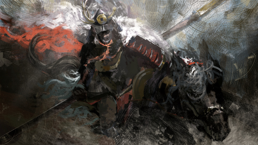 1boy, armor, asaki_(asaki_vision), boss_fight, commentary_request, gyoubu_masataka_oniwa, helmet, highres, holding, holding_polearm, holding_weapon, horseback_riding, japanese_armor, kabuto_(helmet), kote, male_focus, open_mouth, polearm, riding, samurai, sekiro:_shadows_die_twice, solo, weapon