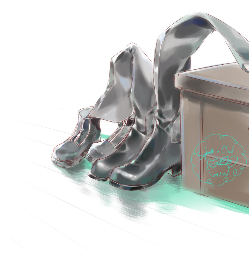 :3, animalization, bird, black_boots, boots, box, cat, character_name, chinese_commentary, cloud_strife, commentary_request, final_fantasy, final_fantasy_vii, final_fantasy_vii_advent_children, highres, implied_yaoi, knee_boots, lydiaaa, no_humans, object_focus, sephiroth, shadow, unworn_boots