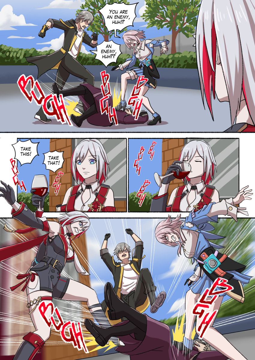 2boys, 2girls, absurdres, alcohol, bare_shoulders, black_boots, black_jacket, black_pants, blue_eyes, blue_skirt, boots, breasts, brown_hair, caelus_(honkai:_star_rail), camera, chinese_clothes, closed_eyes, commentary, commission, detached_sleeves, english_commentary, english_text, grey_hair, highres, honkai:_star_rail, honkai_(series), ivanshinoda, jacket, jojo_no_kimyou_na_bouken, kicking, large_breasts, march_7th_(honkai:_star_rail), medium_breasts, multicolored_hair, multiple_boys, multiple_girls, open_clothes, open_jacket, pants, pink_hair, red_hair, short_hair, skirt, skott_(honkai:_star_rail), stomping, topaz_(honkai:_star_rail), trailblazer_(honkai:_star_rail), tree, wine