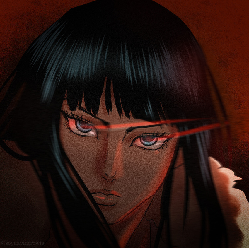 1girl, black_hair, blue_eyes, blunt_bangs, close-up, closed_mouth, commentary, eyelashes, highres, long_hair, nico_robin, one_piece, solo, soydavidcrowie, twitter_username