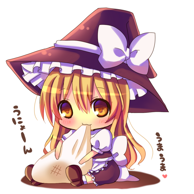 :3, blonde_hair, blush, chibi, chocolat_(momoiro_piano), eating, food, hat, heart, hina_hina, kirisame_marisa, long_hair, mochi, shoes, simple_background, solo, spoken_heart, touhou, translated, translation_request, wagashi, witch, witch_hat, yellow_eyes