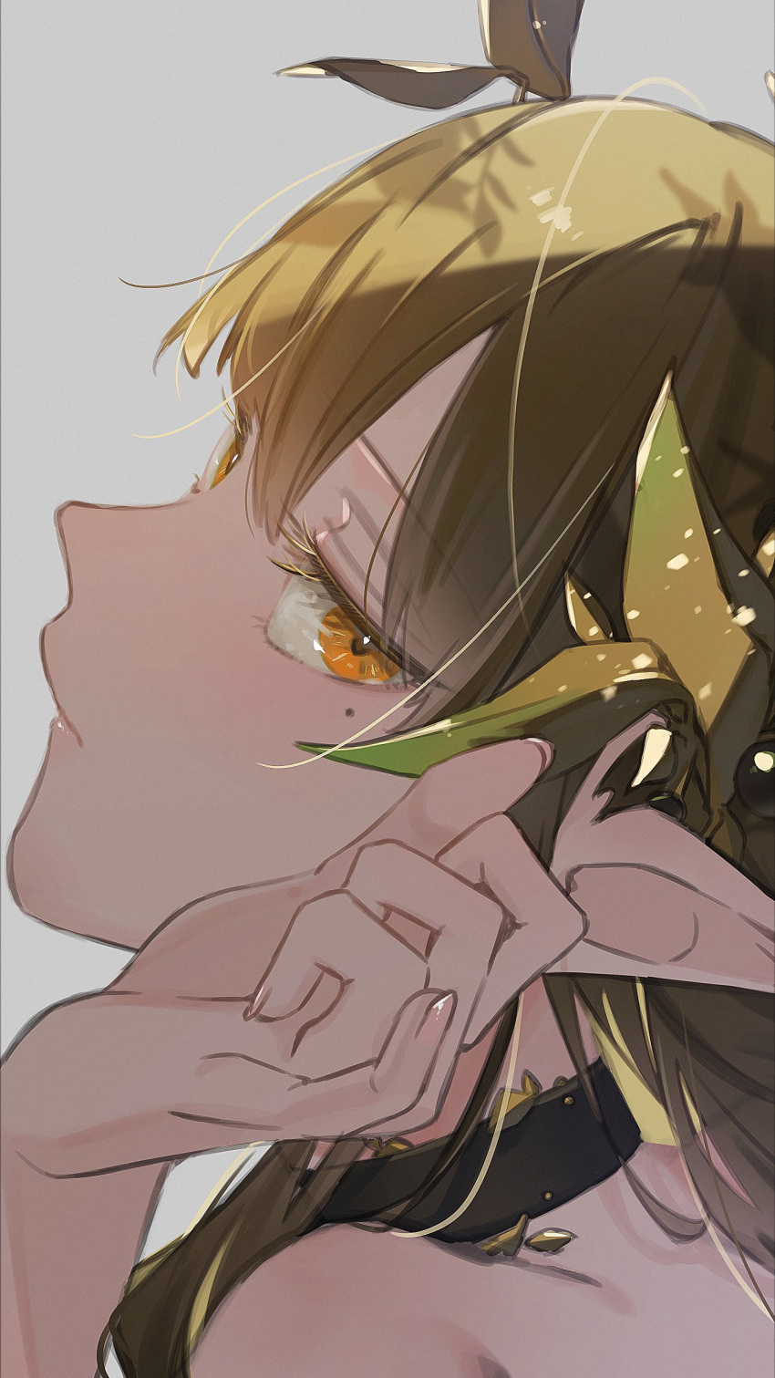 1girl, akekaede824, arknights, black_choker, blonde_hair, choker, close-up, commentary