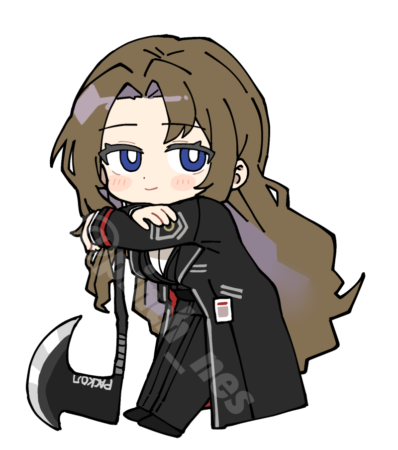 1girl, artist_name, axe, black_jacket, black_pants, black_shoes, blue_eyes, blush