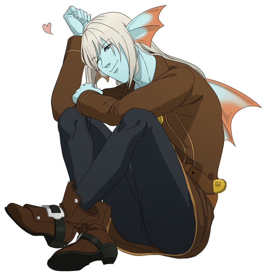 1boy, absurdres, alternate_form, aqua_eyes, azbar_(dragon_quest), back_fin, black_pants, blonde_hair