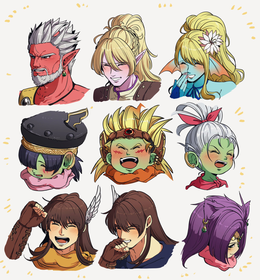 2girls, 6+boys, androgynous, animal_ears, ashlay_(dq10), black_hair, black_hat, blonde_hair