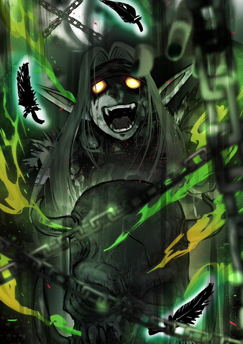 1boy, black_feathers, black_nails, black_shirt, blurry, cape, chain, crackling_energy