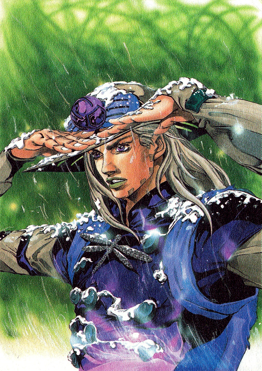 1boy, araki_hirohiko, beard, blue_cape, bug, cape, cowboy_hat, dragonfly, dragonfly_brooch, facial_hair, fingernails, goggles, goggles_on_headwear, green_lips, grey_hair, grey_hat, grey_sleeves, gyro_zeppeli, hat, high_collar, highres, jojo_no_kimyou_na_bouken, jojo_pose, layered_sleeves, long_hair, long_sleeves, makeup, male_focus, official_alternate_costume, official_art, parted_lips, purple_shirt, purple_sleeves, scan, shirt, short_over_long_sleeves, short_sleeves, snow_on_clothes, snow_on_headwear, snowing, solo, steel_ball_(jojo), steel_ball_run, teeth, traditional_media, upper_body, violet_eyes