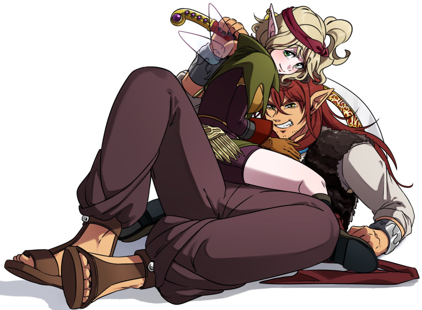 1boy, 1girl, black_horns, black_nails, blonde_hair, bracer, brown_gloves, brown_pants