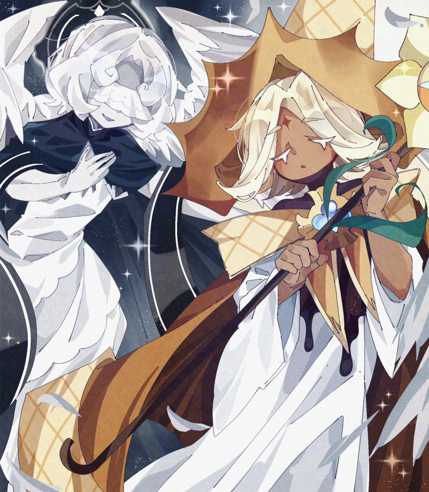 2boys, angel_wings, black_cape, blonde_hair, blue_gemstone, brown_cape, cape, character_request