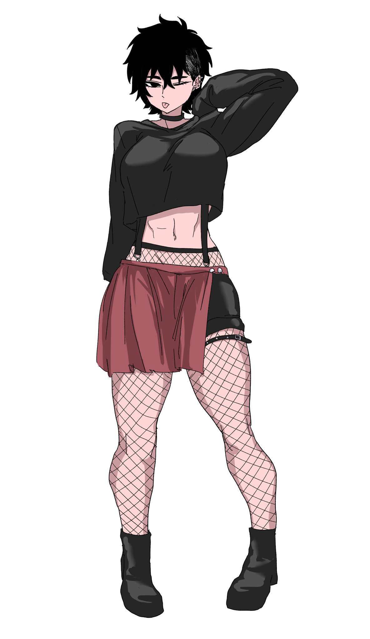 1girl, ;b, abs, amputee, black_boots, black_choker, black_hoodie, boots
