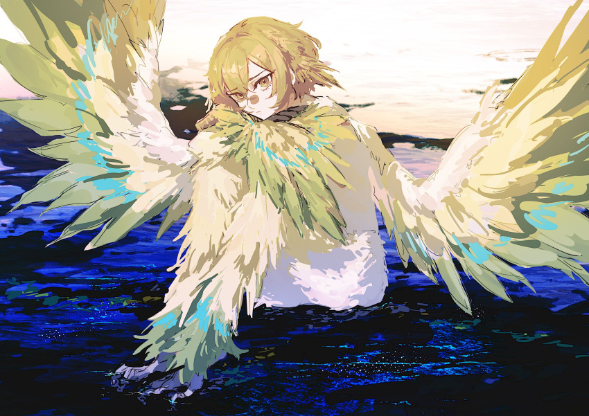 1boy, animal_ears, animal_feet, animal_legs, arms_on_knees, bird_boy, bird_ears, bird_legs