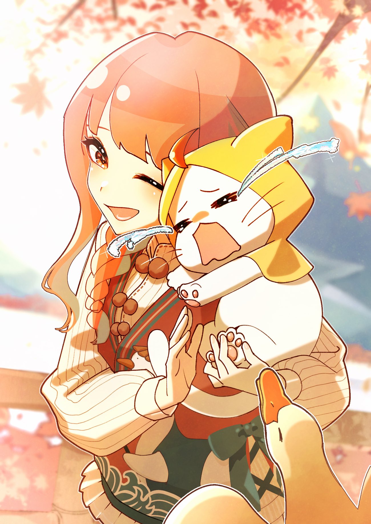 1_hcs, 1girl, =_=, ahoge, animal, autumn, autumn_leaves, bird