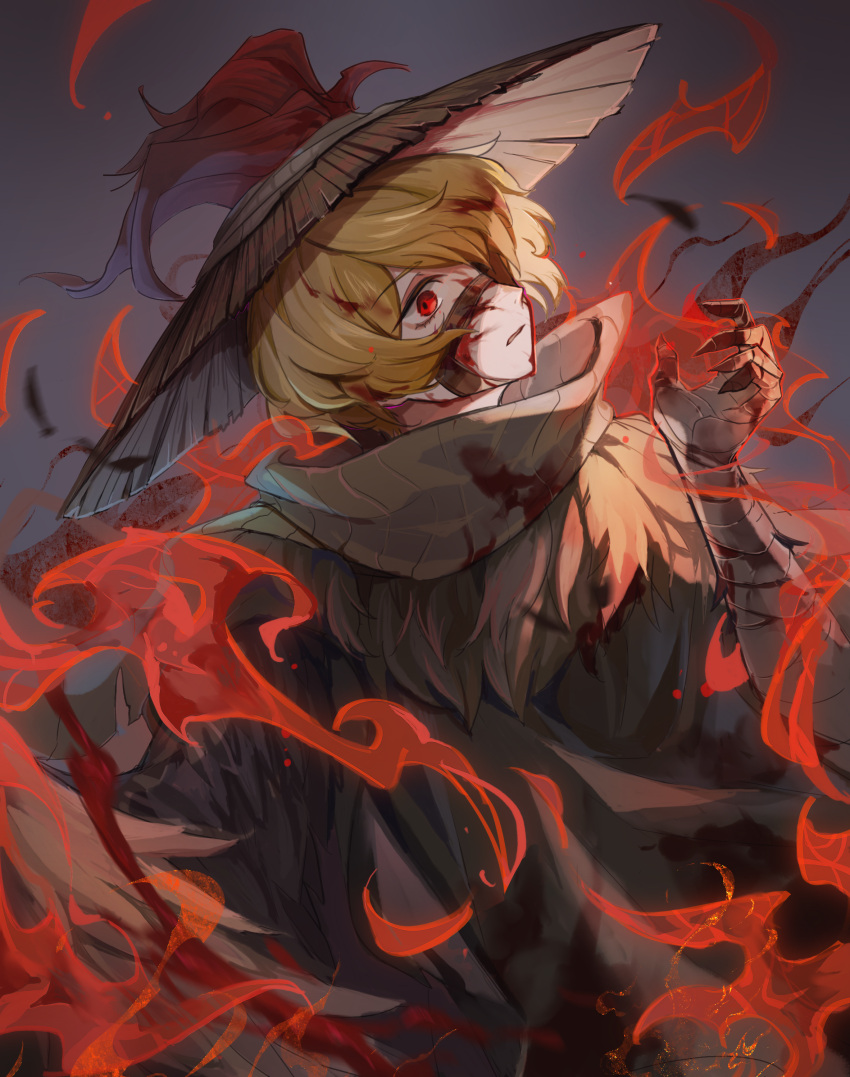 1boy, absurdres, bandage_on_face, bandaged_arm, bandages, blonde_hair, blood, blood_in_hair, blood_on_clothes, blood_on_face, brown_feathers, feathered_cloak, feathers, from_side, hat, heishou_pack-you_branch_(identity)_(project_moon), highres, limbus_company, looking_to_the_side, male_focus, one_eye_covered, project_moon, red_eyes, red_feathers, red_fire, rice_hat, scarf, simple_background, sinclair_(project_moon), tuzizi