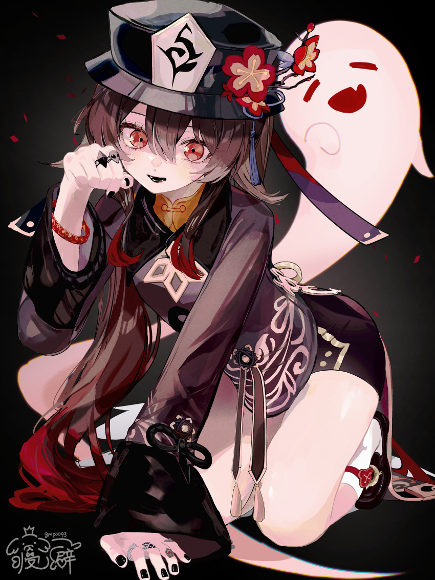 1girl, absurdres, black_background, black_hat, black_nails, black_shoes, boo_tao_(genshin_impact), bracelet