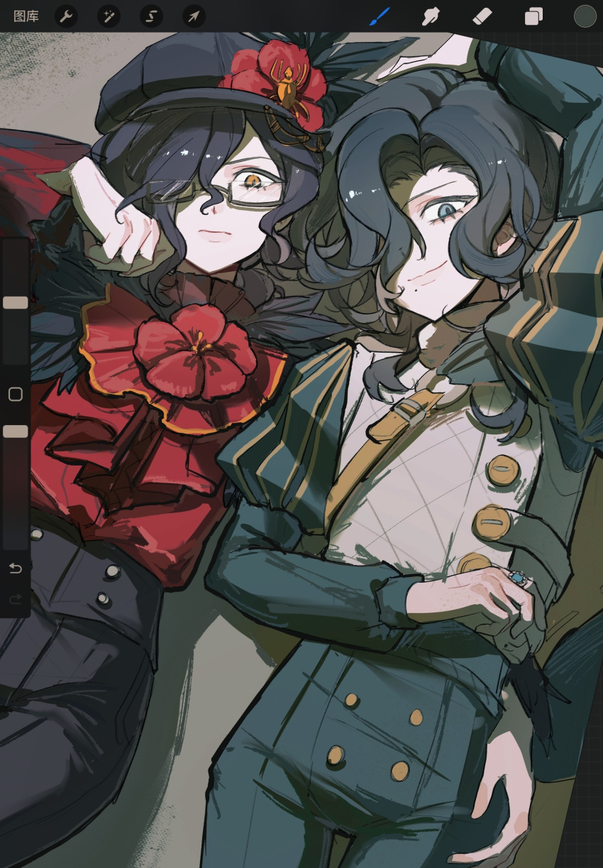 2boys, androgynous, art_program_in_frame, black_hair, black_pants, edgar_valden, edgar_valden_(multicolor_printing), flower