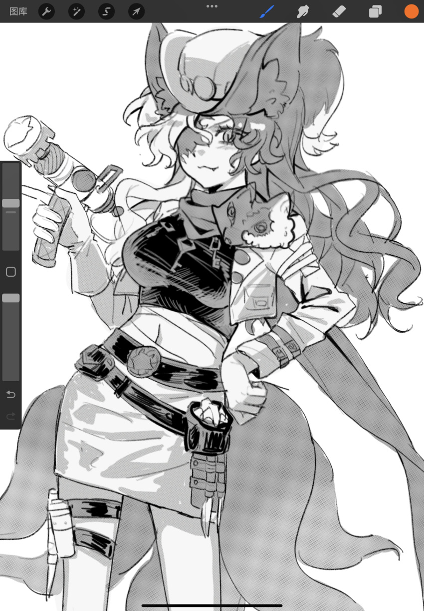 1girl, :3, animal_ears, art_program_in_frame, bandana, belt, breasts, crop_top