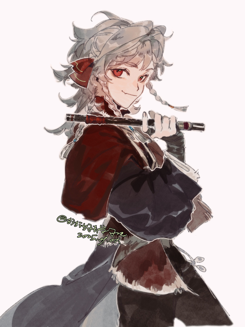 1girl, a_xing, artist_name, black_coat, black_pants, closed_mouth, coat, cowboy_shot, dated, fang, flute, from_side, grey_hair, hand_up, highres, holding, holding_flute, holding_instrument, instrument, looking_at_viewer, medium_hair, pants, quad_braids, red_eyes, red_scarf, reverse:1999, rubuska, scarf, skin_fang, smile, solo, white_background