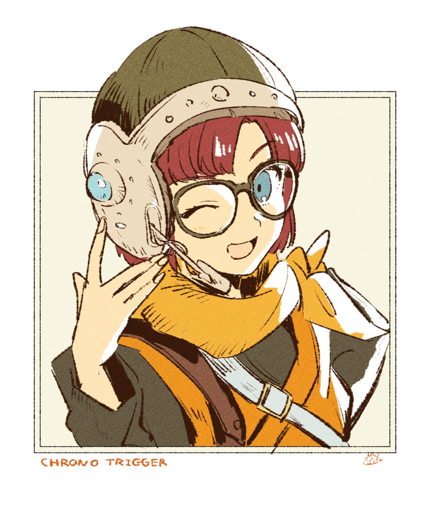 1girl, asumi_chikyuu, blue_eyes, blunt_bangs, border, chrono_trigger, copyright_name, glasses