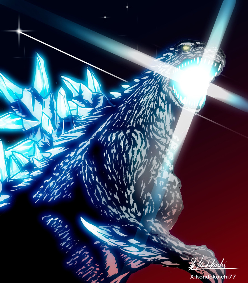 bioluminescence, claws, elbow_spikes, giant, giant_monster, glowing, glowing_mouth, godzilla, godzilla_(galaxy_odyssey), godzilla_(series), godzilla_galaxy_odyssey, highres, jaw, kaiju, koichi_77, monster, mouth_beam, no_humans, open_mouth, orange_eyes, sharp_teeth, sky, spines, star_(sky), teeth, tokusatsu