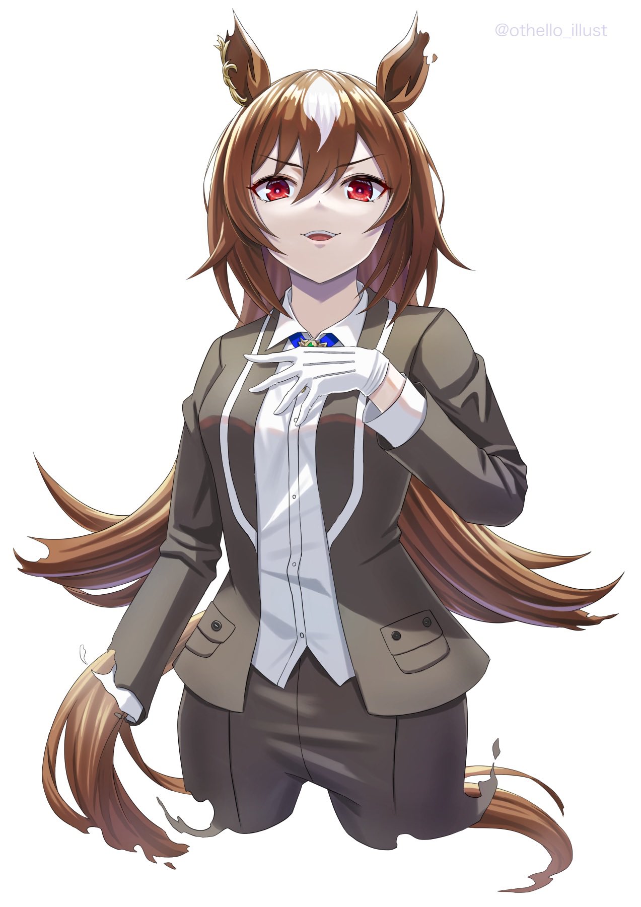 1girl, animal_ears, black_jacket, black_pants, breasts, brown_hair, collared_shirt, cowboy_shot