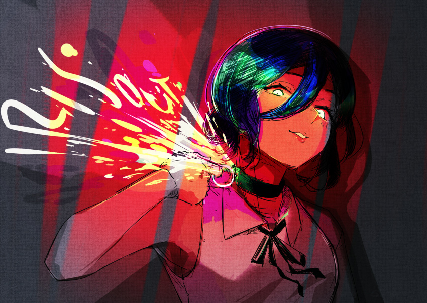 1girl, black_choker, black_ribbon, blue_hair, chainsaw_man, choker, collared_shirt, green_eyes