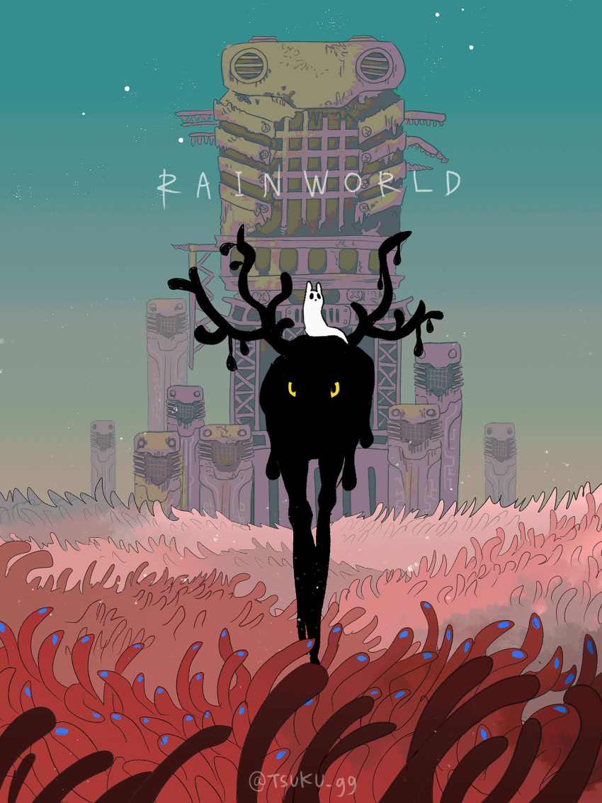 antlers, black_eyes, blue_sky, building, commentary, copyright_name, creature, english_commentary, eyes_in_shadow, highres, horns, looking_at_viewer, mixed-language_commentary, no_humans, no_mouth, on_creature, rain_deer_(rain_world), rain_world, red_grass, reindeer_antlers, sky, slugcat, survivor_(rain_world), tsuku_gg, twitter_username, yellow_eyes