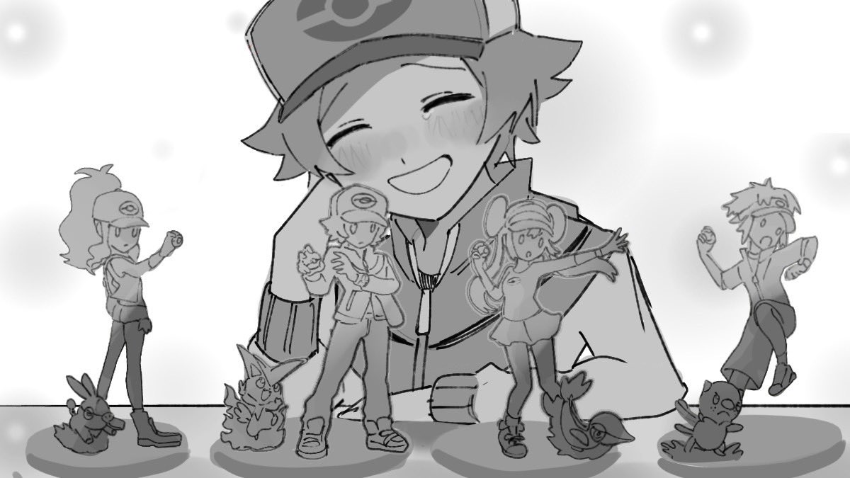 1boy, backwards_hat, baseball_cap, blush, happy, hat, hilbert_(pokemon), hilda_(pokemon)