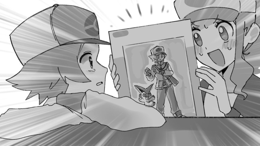 1boy, 1girl, backwards_hat, baseball_cap, blush, figure, hat, hilbert_(pokemon)