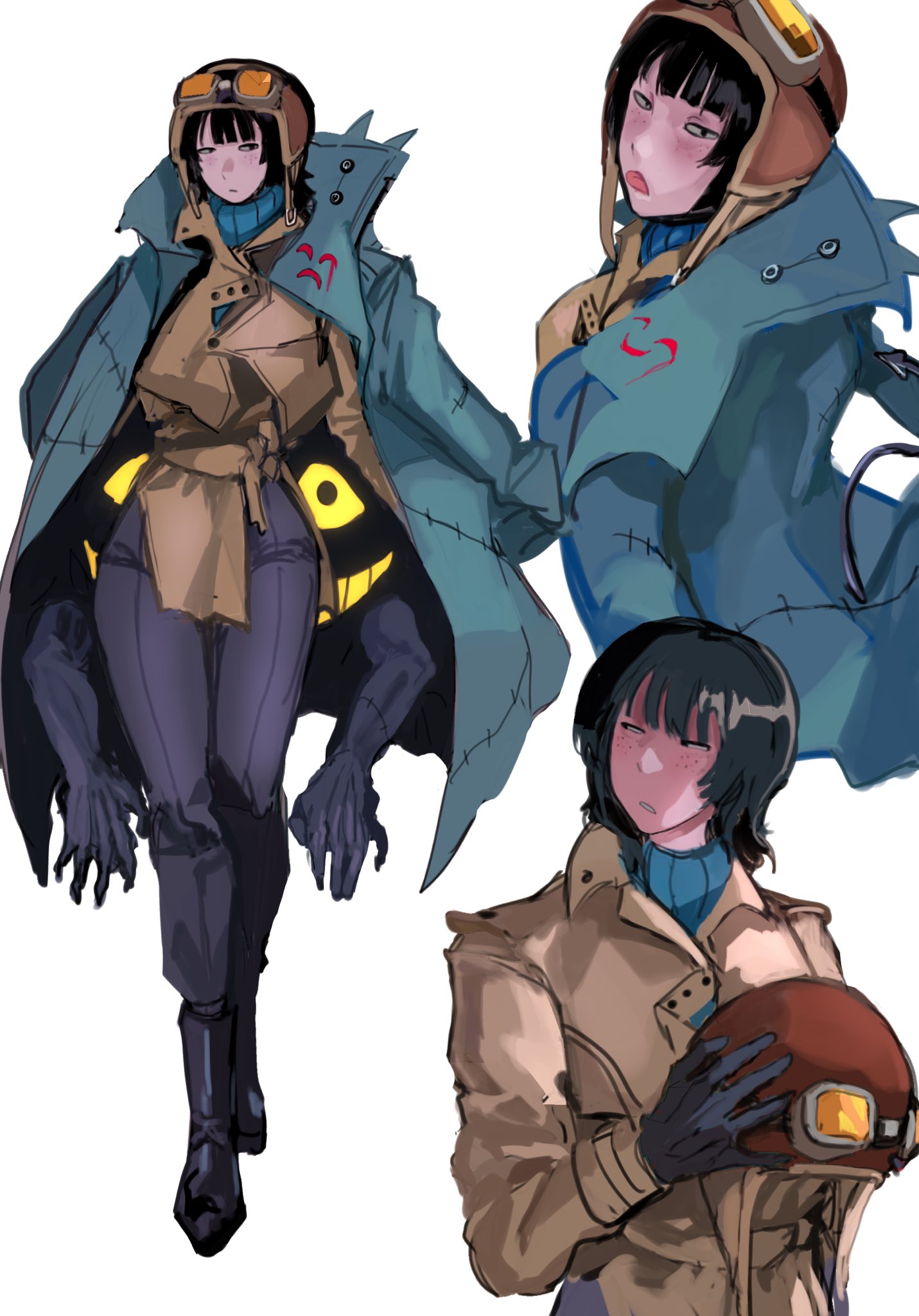 1girl, 1other, aviator_cap, aviator_goggles, black_boots, black_hair, black_pants, boots