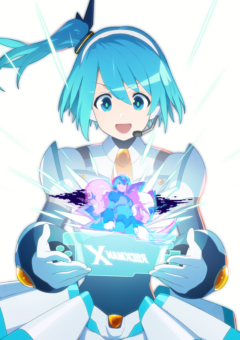 1girl, 3boys, android, armor, bald, blonde_hair, blue_armor, blue_bow, blue_eyes, blue_hair, blue_helmet, bow, breasts, chest_jewel, clenched_hands, clenched_teeth, evil_eyes, evil_grin, evil_smile, facial_mark, fang, forehead_jewel, glitch, gloves, green_eyes, grin, hair_bow, headset, helmet, holding, jewelry, joints, long_hair, looking_at_another, may_(nicoseiga_32709921), medium_breasts, mega_man_(series), mega_man_x_(series), mega_man_x_dive, microphone, multiple_boys, netnavi, one_side_up, open_mouth, ponytail, red_armor, red_helmet, rico_(mega_man), robot, robot_ears, robot_girl, robot_joints, short_hair, shorts, shoulder_armor, side_ponytail, sigma_(mega_man), simple_background, smile, standing, teeth, white_armor, white_background, white_gloves, white_shorts, x_(mega_man), zero_(mega_man)