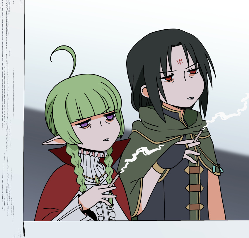1boy, 1girl, ahoge, black_hair, braid, braided_twintails, bridal_gauntlets, cigarette