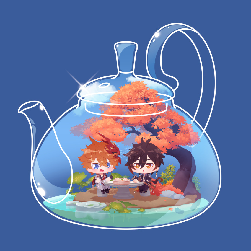 2boys, autumn_leaves, black_hair, blue_background, blue_eyes, brown_hair, chibi, chibi_only, chopsticks, dumpling, food, full_body, genshin_impact, glass_teapot, glint, highres, kinokorin, lake, leaf, male_focus, mask, mask_on_head, multiple_boys, simple_background, tartaglia_(genshin_impact), zhongli_(genshin_impact)