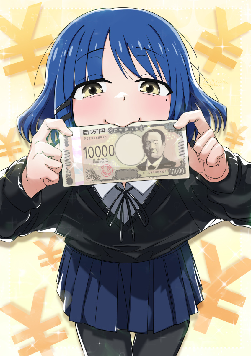 10000_yen_note, 1girl, black_ribbon, black_sweater, blue_hair, blue_skirt, blush, bocchi_the_rock!, cowboy_shot, hair_ornament, hairclip, highres, holding, holding_money, leaning_forward, long_sleeves, looking_at_viewer, mole, mole_under_eye, money, money_in_mouth, parallel_hairclips, pleated_skirt, puchikun, raised_eyebrows, ribbon, shirt, short_hair, skirt, solo, sparkle, sweater, white_shirt, yamada_ryo, yellow_background, yellow_eyes, yen_sign