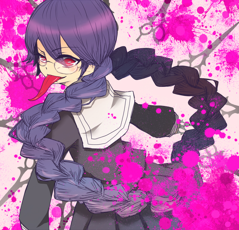 1girl, black_shirt, black_skirt, blood, blood_splatter, braid, bright_pupils, commentary_request