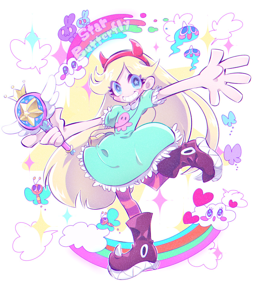 1girl, absurdres, animal-themed_footwear, aqua_dress, blonde_hair, blue_eyes, boku002, dress