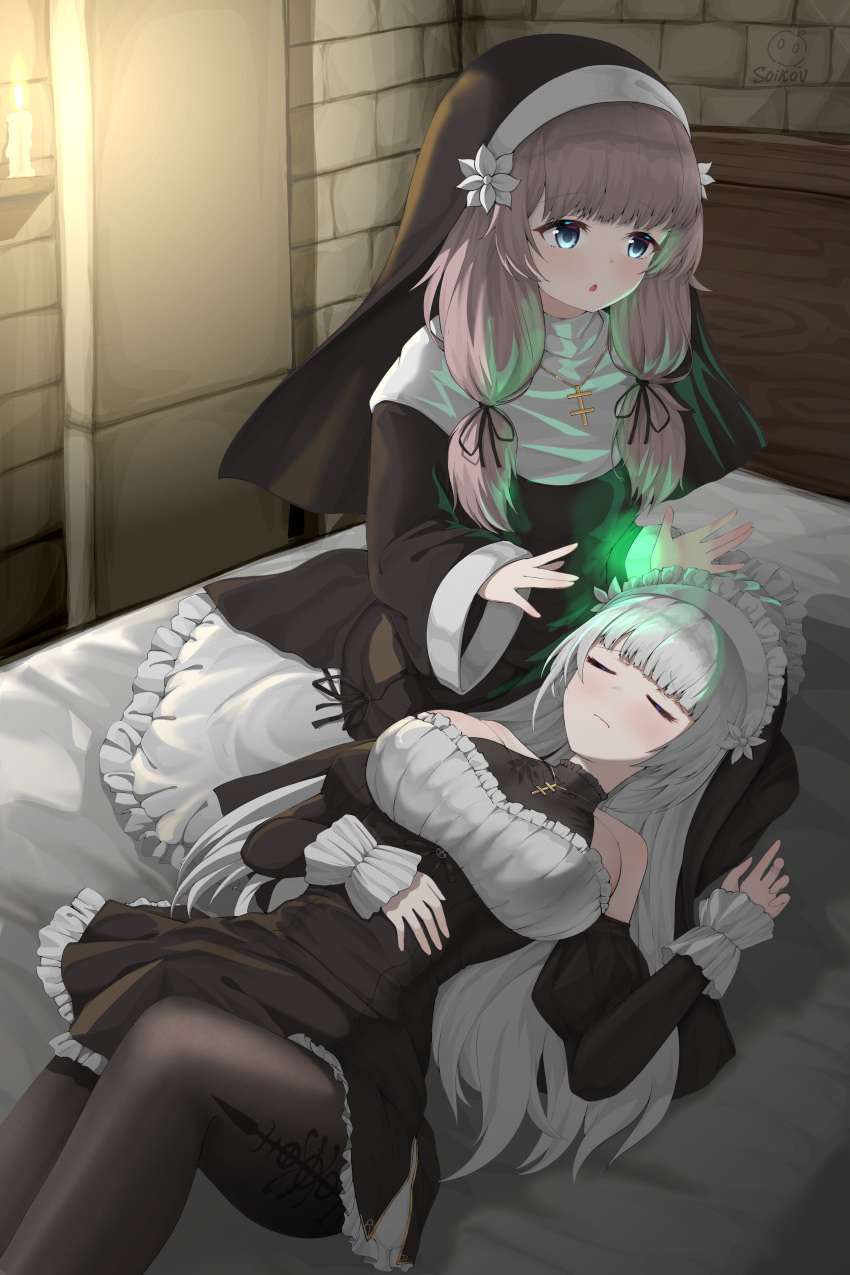 2girls, absurdres, bare_shoulders, black_veil, blush, boots, breasts, cross
