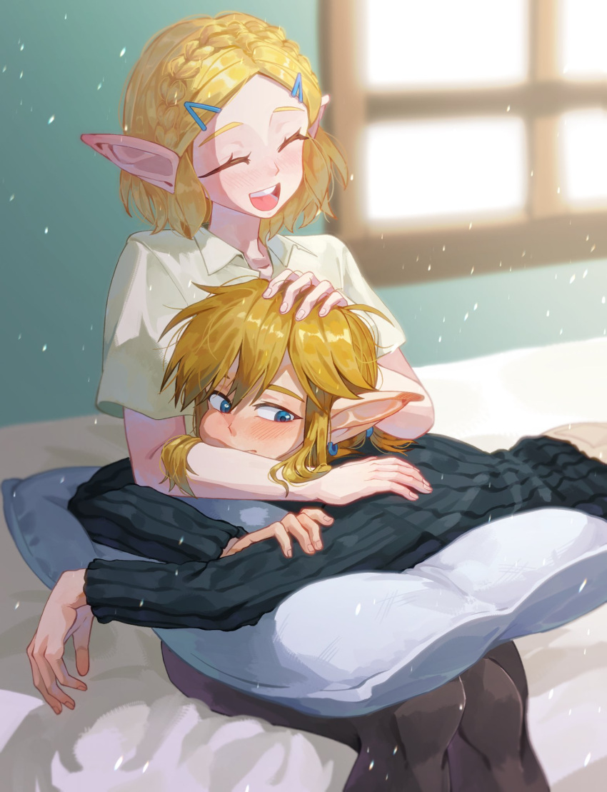 1boy, 1girl, black_sweater, blonde_hair, blue_eyes, braid, brown_pants, closed_eyes, collared_shirt, crown_braid, earrings, green_shirt, hand_on_another's_head, hashtag-only_commentary, hetero, highres, jewelry, link, lying, on_stomach, open_mouth, pants, pillow, pointy_ears, princess_zelda, seeckgo, shirt, short_hair, sidelocks, sitting, smile, sweater, teeth, the_legend_of_zelda, the_legend_of_zelda:_tears_of_the_kingdom, upper_teeth_only, window