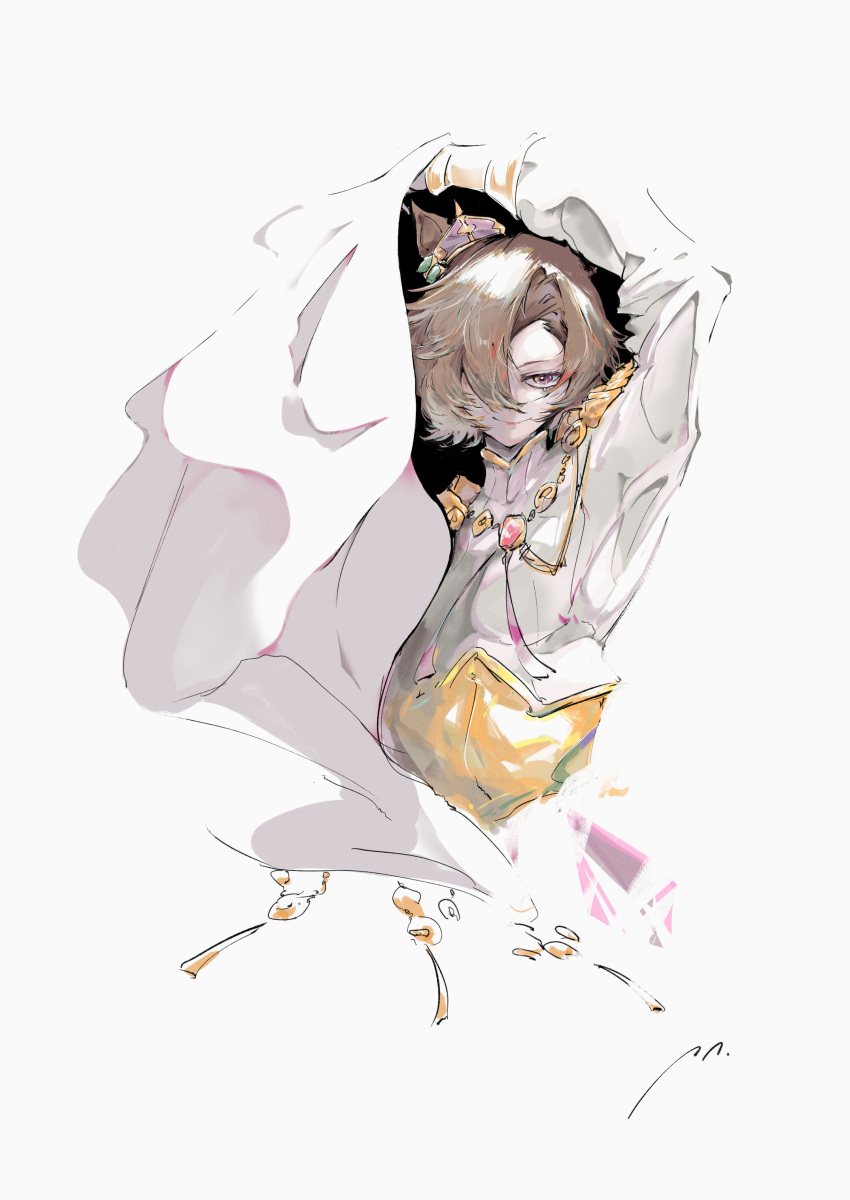 1girl, absurdres, animal_ears, arms_up, blending, brown_eyes, brown_hair, cape