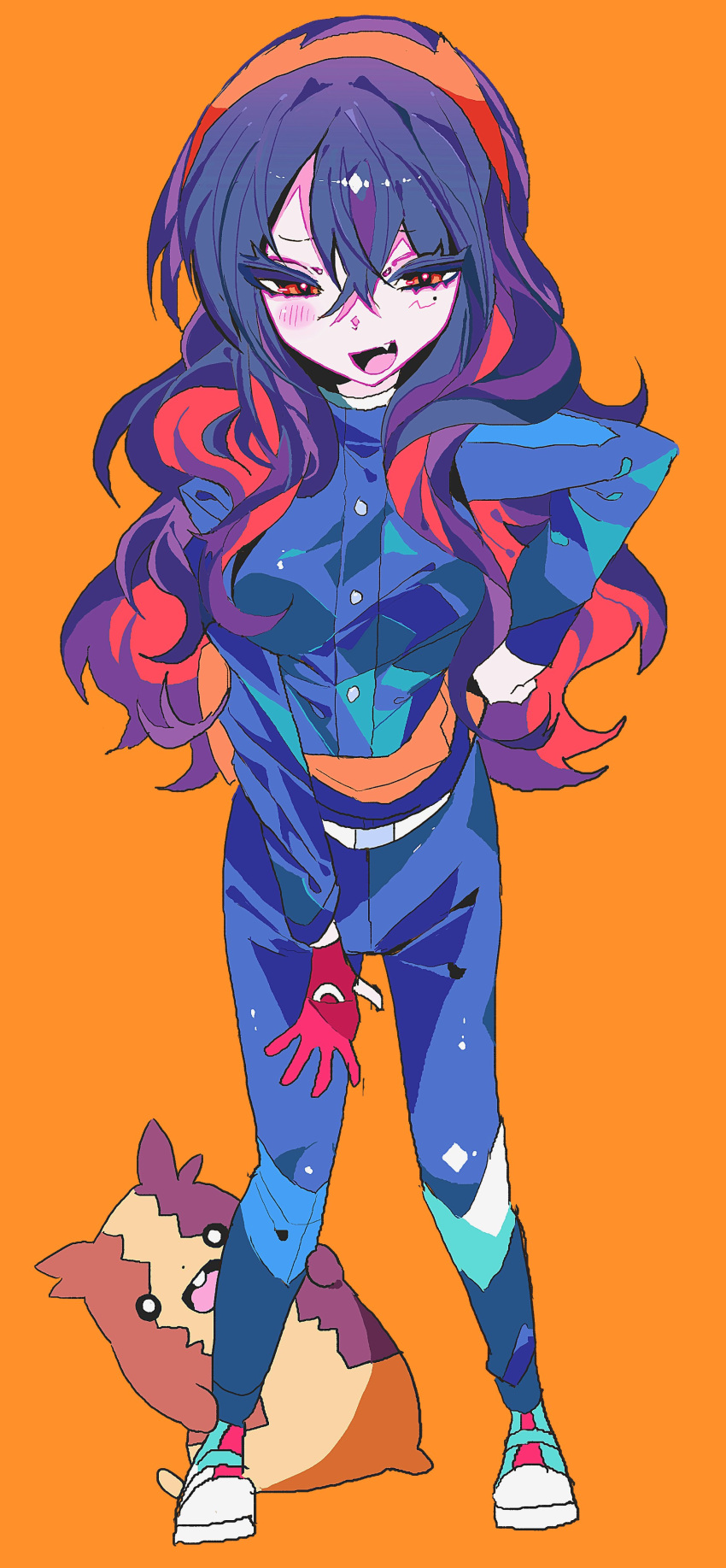 1girl, absurdres, black_hair, blue_jacket, blue_pants, blush, breasts, carmine_(pokemon)