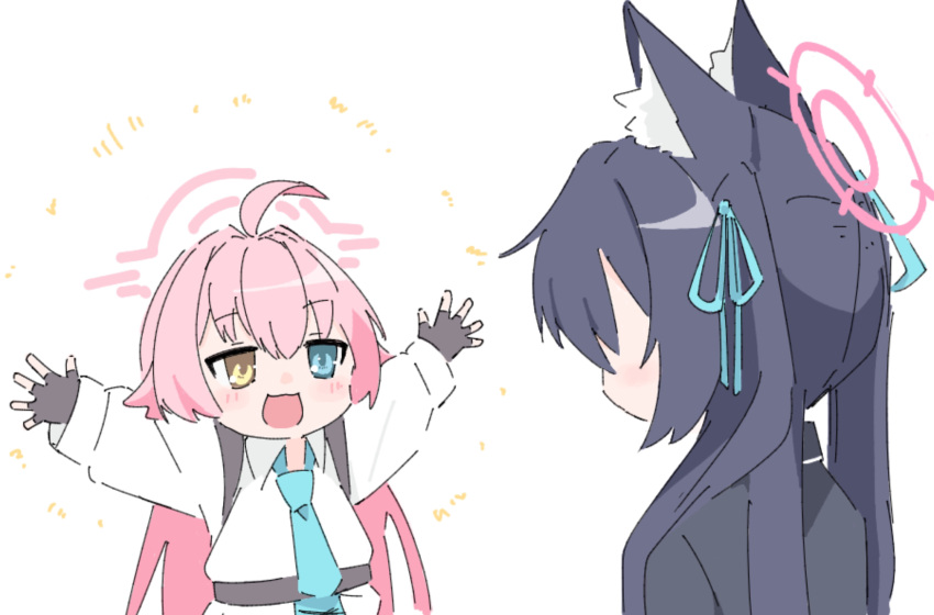 2girls, ahoge, animal_ears, aqua_necktie, arms_up, black_gloves, blue_archive, blue_eyes
