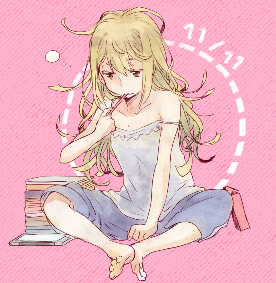 1girl, ahoge, bare_shoulders, barefoot, blonde_hair, blue_shorts, blush, brushing_teeth, camisole, collarbone, feet, full_body, hair_down, koujiro_frau, long_hair, looking_at_viewer, loungewear, messy_hair, one_eye_closed, robotics;notes, science_adventure, shorts, sitting, sleepy, solo, strap_slip, takana_(nanao), tank_top, toes