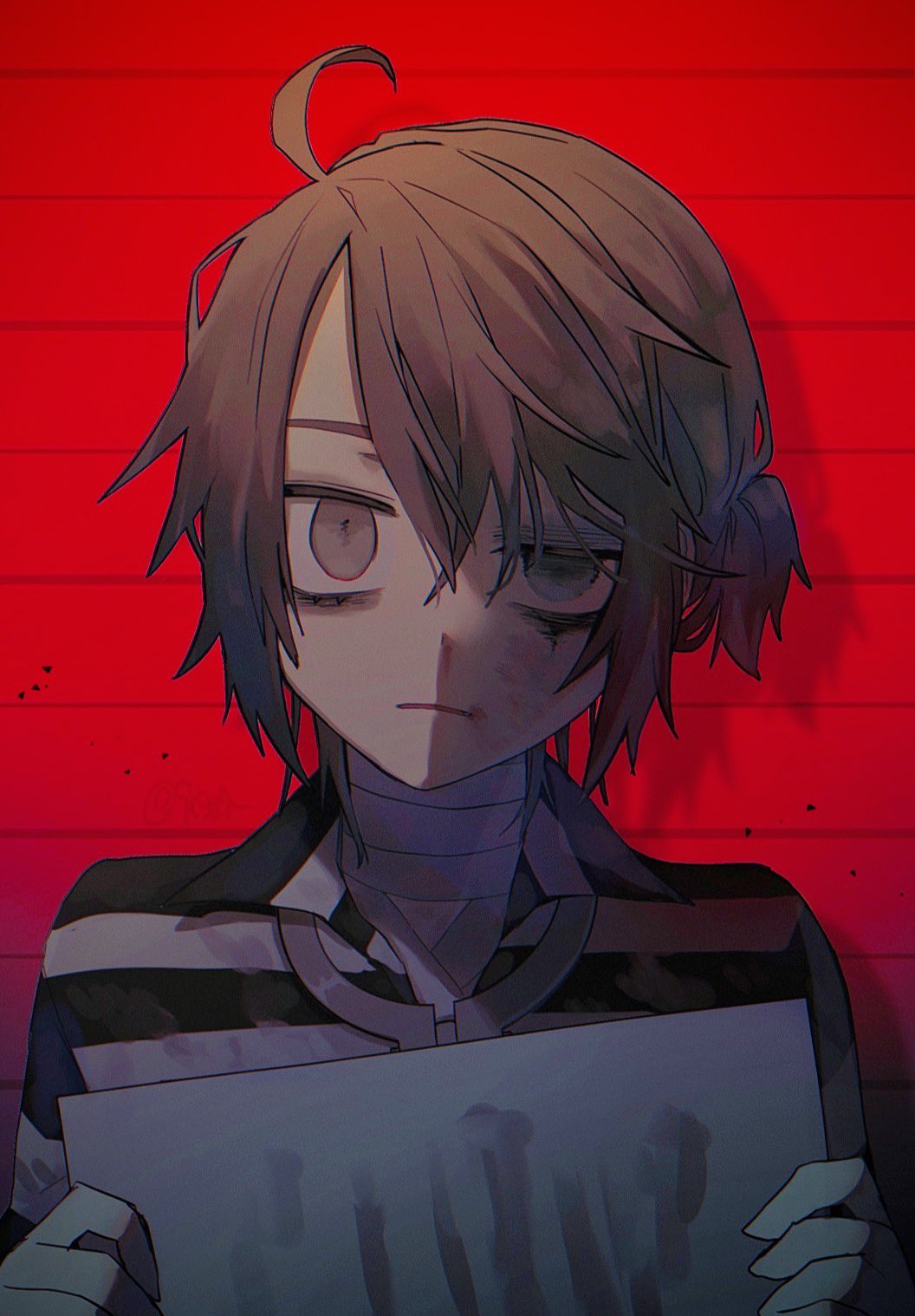 1boy, 9csgi, ahoge, bandaged_neck, bandages, blood, brown_hair, bruise, bruise_on_face, bruised_eye, dried_blood, empty_eyes, gloom_(expression), highres, holding, holding_sign, identity_v, injury, looking_at_viewer, luca_balsa, male_focus, mugshot, parted_hair, red_background, side_ponytail, sign