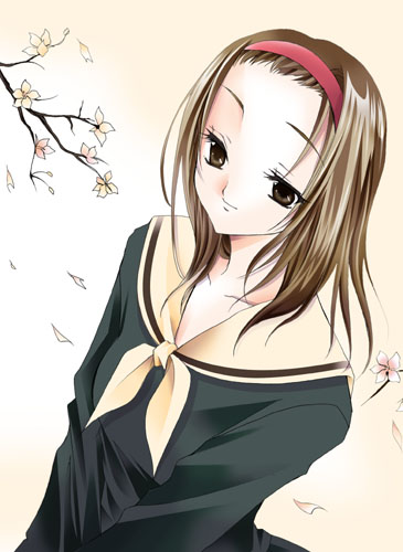 1girl, bad_id, closed_mouth, collarbone, falling_petals, flower, hairband, kujou_fueko