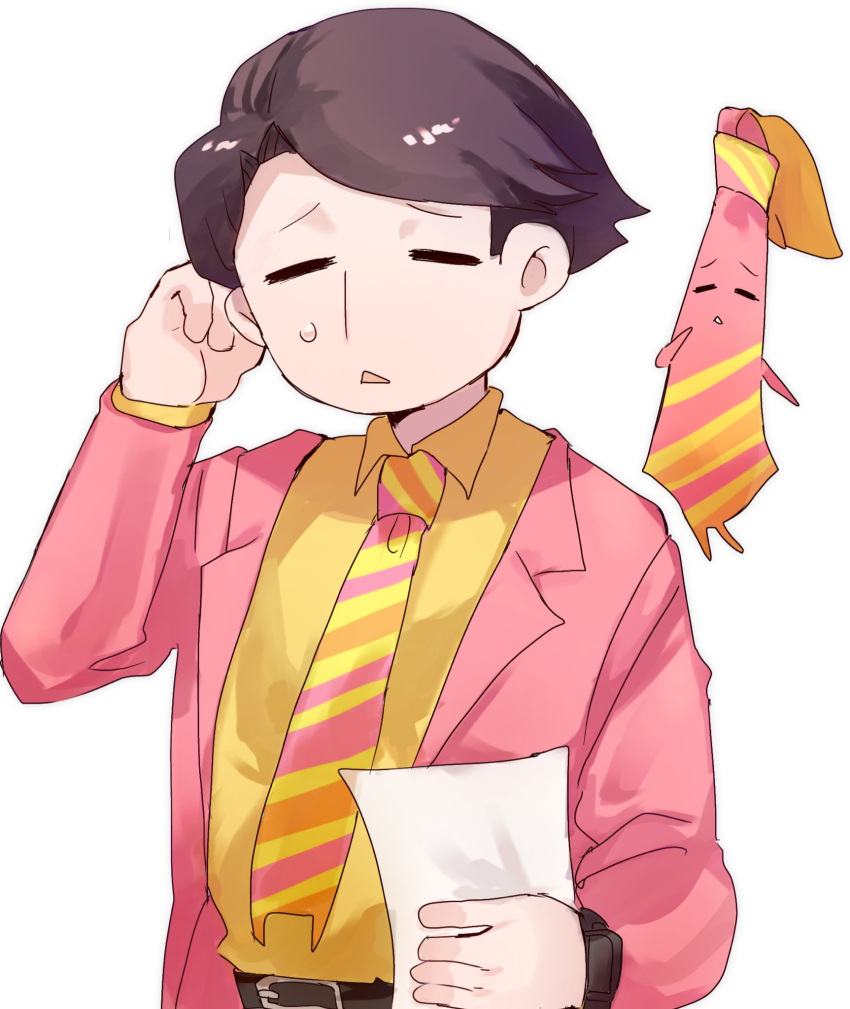 1boy, brown_hair, closed_eyes, collared_shirt, highres, jacket, male_focus, necktie